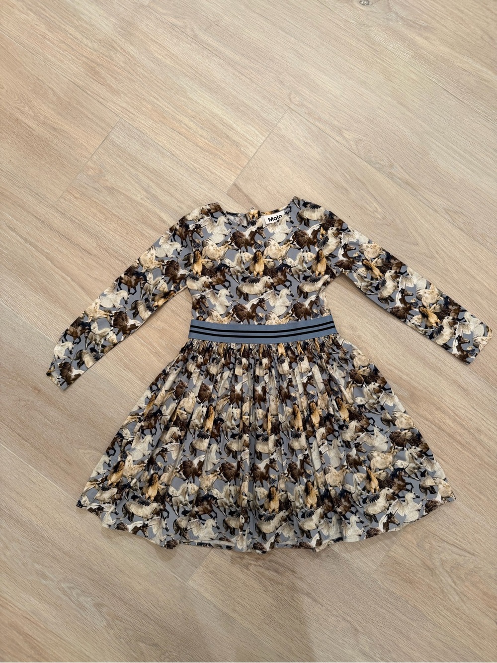 Girls’ Molo Long-Sleeve Floral-Print Midi Dress in Gray and Brown Horse Print